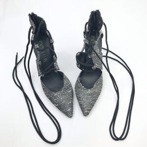 Paper Fox Shoedazzle Black Cream Metallic Tweed Pointed Toe Lace Up Heels